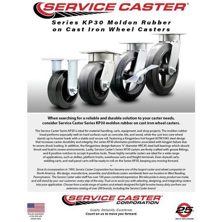 Service Caster 8 Inch Kingpinless Rubber on Steel Wheel Swivel Caster Set with Brakes SCC SCC-KP30S820-RSR-SLB-4